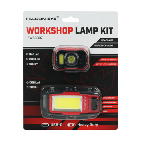 Zestaw lamp warsztatowych FWS0007: latarka czołowa 900 lm + latarka warsztatowa 500 lm, WORKSHOP LAMP KIT